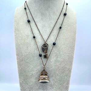 Vintage Gothic Bronze Double Chain Key Lock Necklace w/ Ornate Pendant